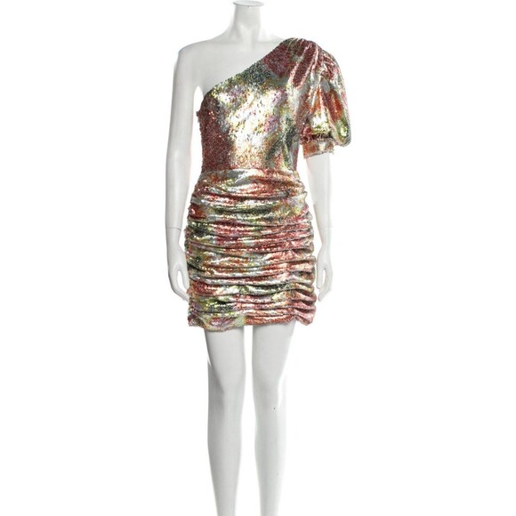 Ronny Kobo Eden Sequin Ruched One Shoulder Mini Dress Gold Multi Sz L $498 - Picture 6 of 12